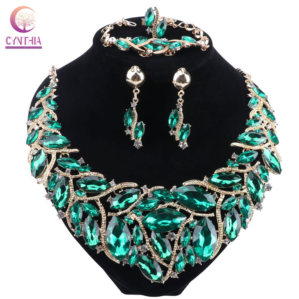 Indian Wedding Supply - CYNTHIAหรูหราสีเขียวคริสตัลสร้อยคอต่างหูชุดเครื่องประดับงานแต่งงานอุปกรณ์เสริมเจ้าสาวอินเดียเครื่องประดับเครื่องแต่งกาย