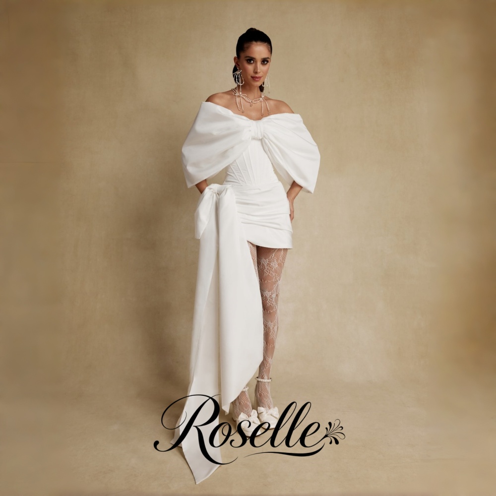 Wedding Qw - ROSELLE ชุดแต่งงานมินิแบบเปิดไหล่ ผูกโบว์ สายรัดไหล่แบบผูกเชือก เปิดหลัง สำหรับผู้หญิง