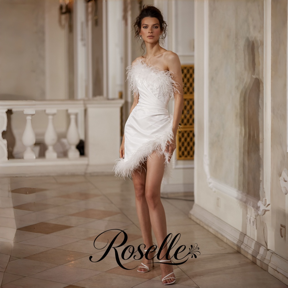 Wedding Qw - ROSELLE ชุดแต่งงานมินิแบบไม่มีสายรัดไหล่ ประดับขนนก แขนกุด เปิดหลัง สำหรับผู้หญิง