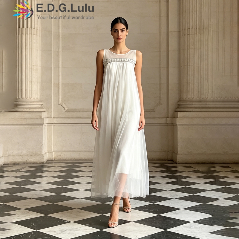 Wedding Lulu - EDGLuLu ชุดเดรสยาวคุณภาพสูง คอทรงโอ ประดับลูกปัด แขนกุด สำหรับผู้หญิง