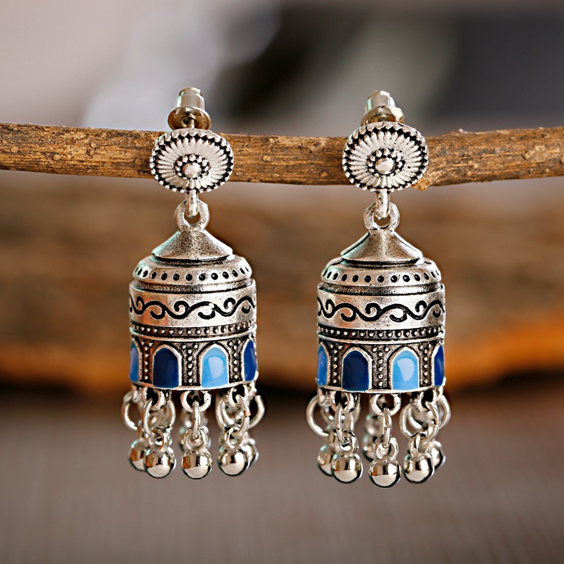 Indian Wedding Supply - 2020ผู้หญิงอินเดียJhumka Jhumkiเครื่องประดับRetro Retro Bollywoodออกซิไดซ์ขนาดเล็กพู่สีฟ้าแกะสลักDangleต่างหูสำหรับผู้หญิง