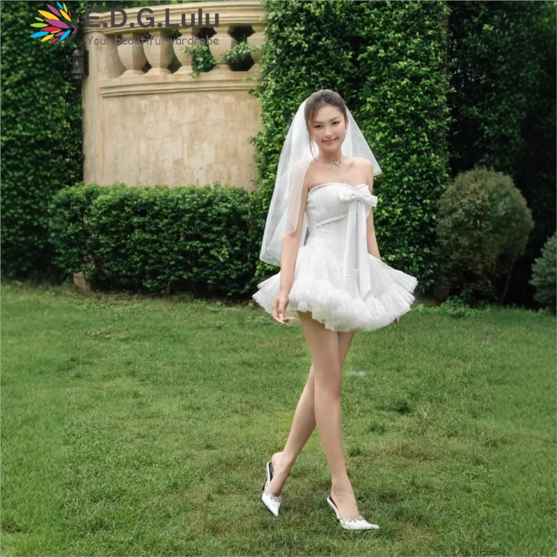 Wedding Lulu - EDGLuLu ชุดเดรสปาร์ตี้แบบไม่มีสายหนัง ดีไซน์โบว์หรูหรา สำหรับผู้หญิง เซ็กซี่ โชว์หลัง