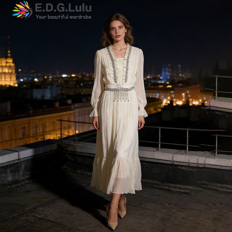Wedding Lulu - EDGLuLu ชุดเดรสยาวผ้าชีฟองสีขาวหรูหราผู้หญิงแขนยาวประดับด้วยลูกปัดประดับพู่เข็มขัดระบายชายกระโปรงชุดเดรสงานแต่งงานอย่างเป็นทางการ 0406