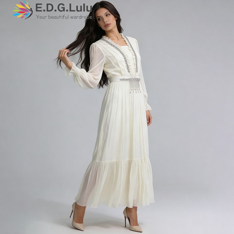 EDGLuLu ชุดเดรสยาวผ้าชีฟองสีขา - Wedding Lulu บทวิจารณ์และราคา