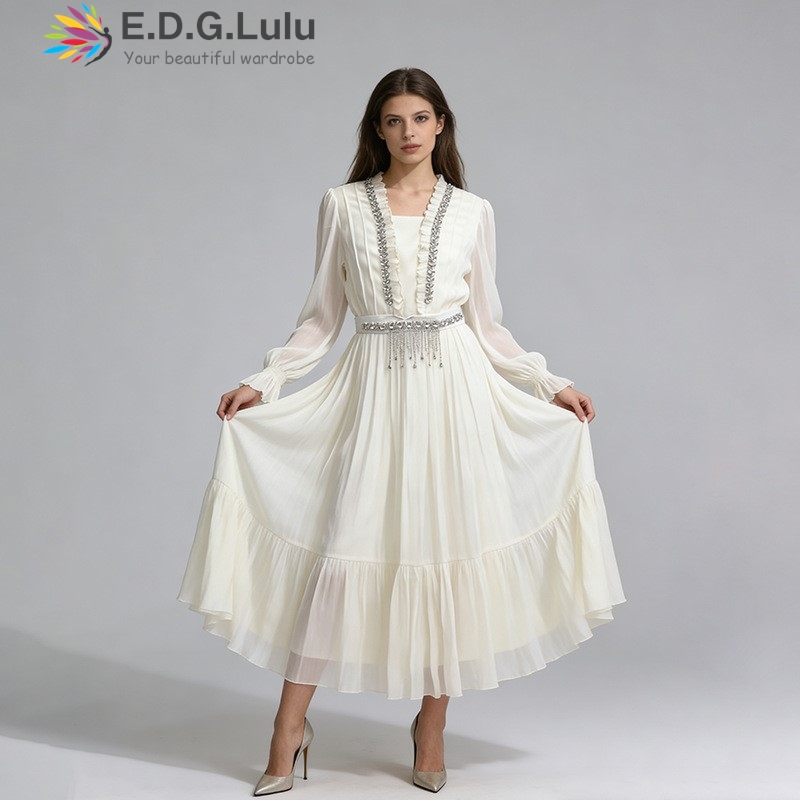 EDGLuLu ชุดเดรสยาวผ้าชีฟองสีขา - Wedding Lulu บทวิจารณ์และราคา