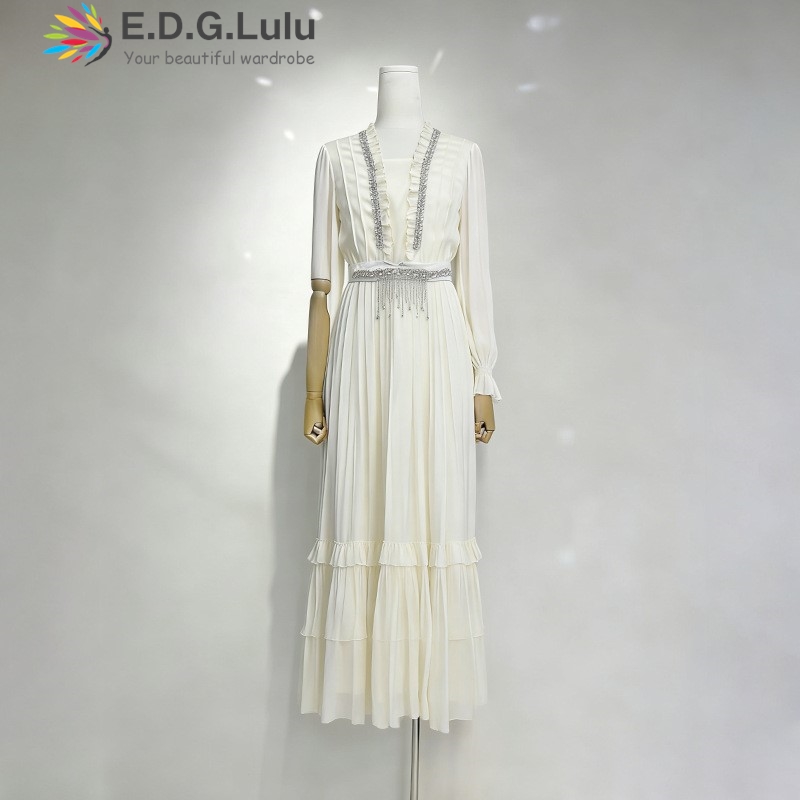 EDGLuLu ชุดเดรสยาวผ้าชีฟองสีขา - Wedding Lulu บทวิจารณ์และราคา